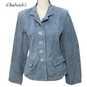 Chadwicks Gray Blue Pockets Buttoned Leather Suede Peplum Jacket NWT Size 12